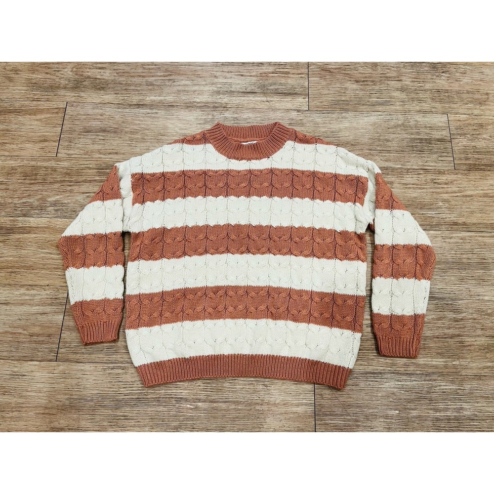 Mango Basics Women's Cream And Coral Cable Knit Crew Neck Sweater Size Small